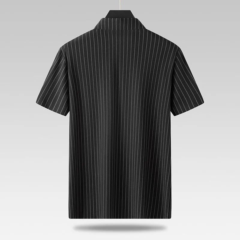 Plus size man wearing black striped casual shirt with square collar and loose fit design