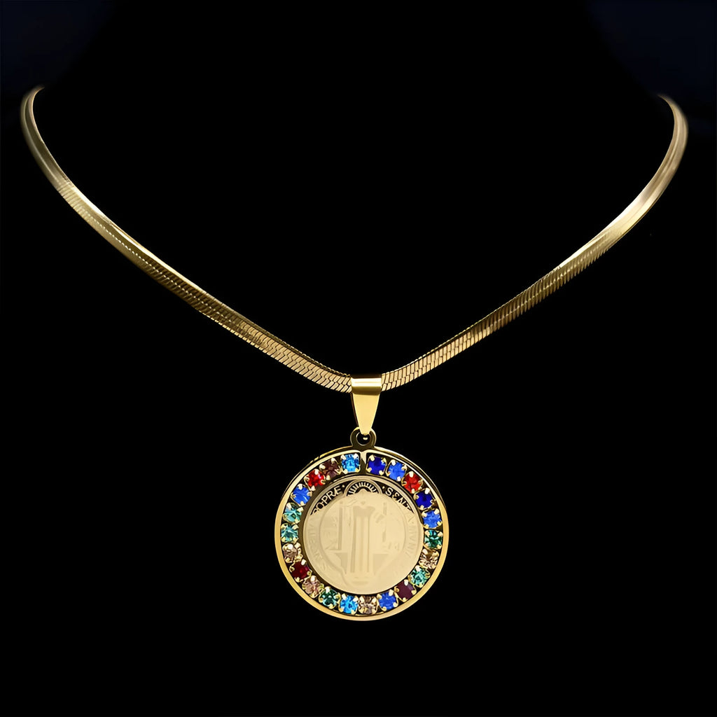 Stainless steel Saint Benedict medal pendant on a 50cm blade chain in gold finish