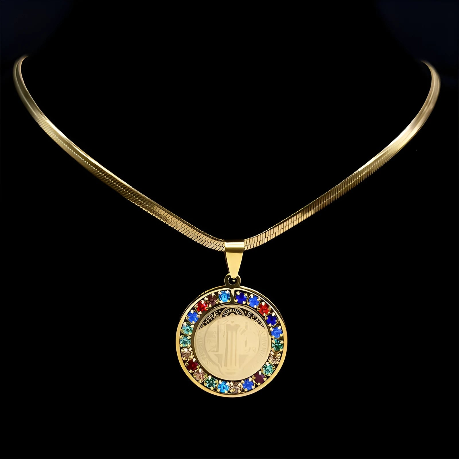 Stainless steel Saint Benedict medal pendant on a 50cm blade chain in gold finish
