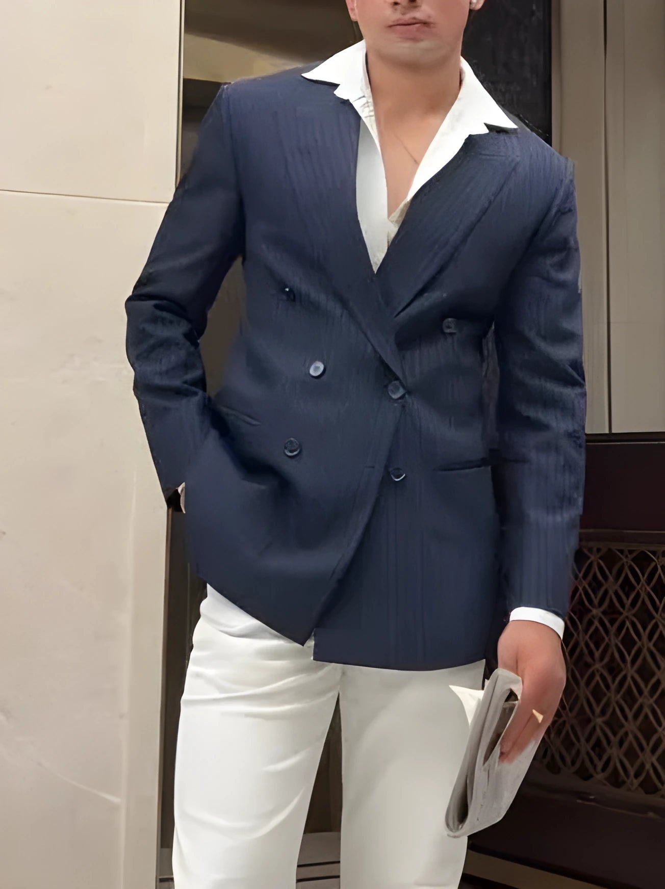 Men's striped double breasted blazer in regular length and fit