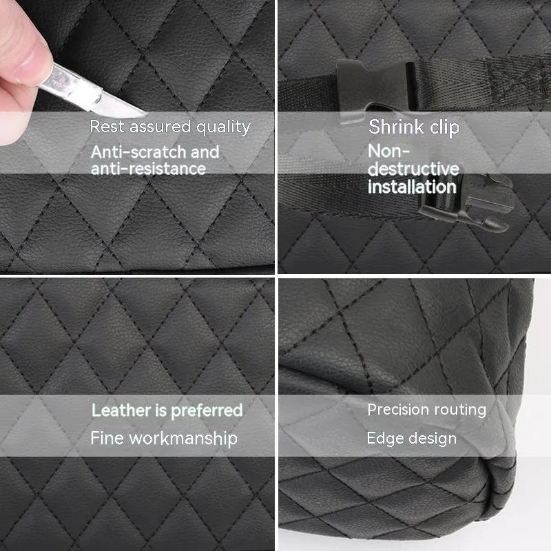 Leather hanging storage bag for car interior in black, pink, green, or white