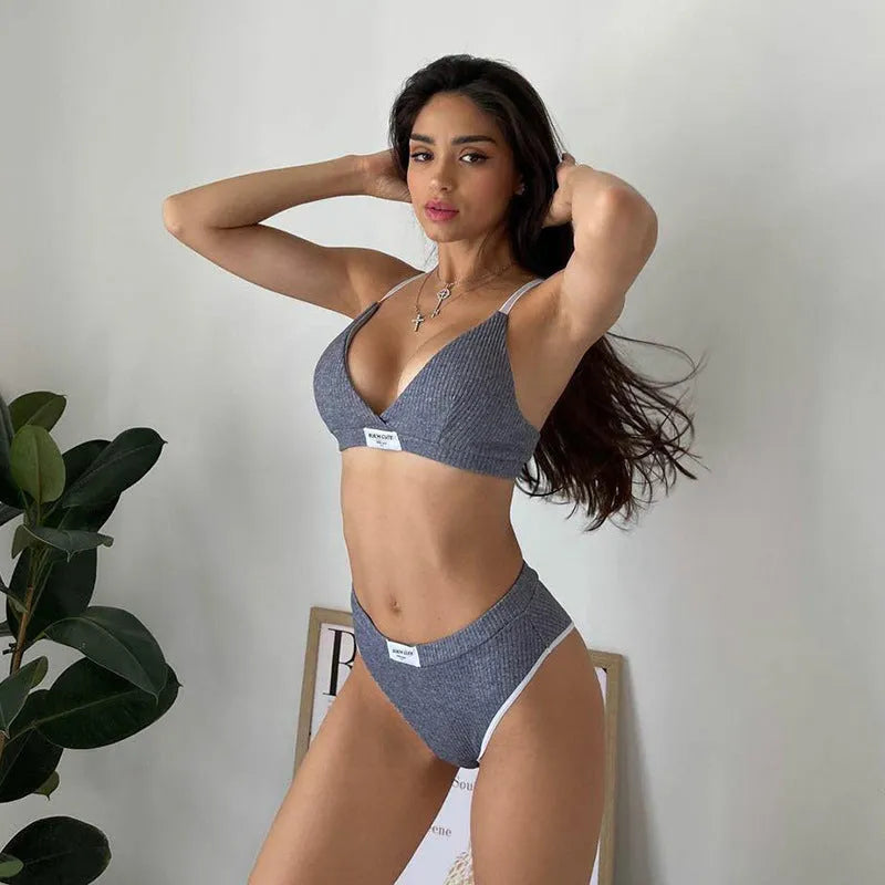 Women's contrast colour embroidery bikini set in black, grey or white with Asian sizing options