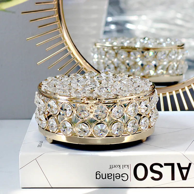 French gold European style jewellery storage box with transparent crystal glass panels and iron metal construction