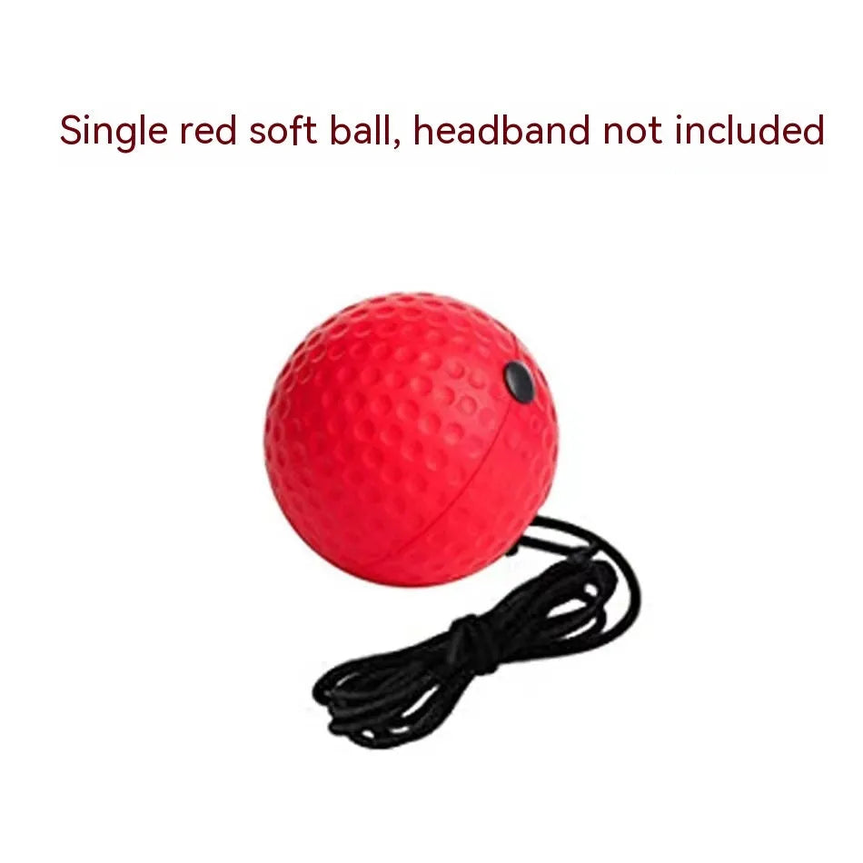Head-mounted boxing reaction training ball set showing adjustable headbands and red, yellow, and green PU balls.