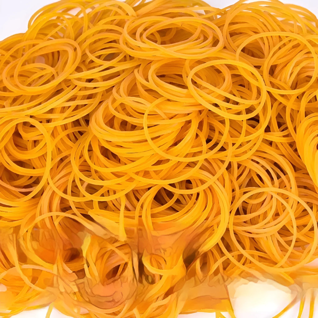 500g bulk pack of assorted yellow rubber bands in sizes from 16mm to 70mm diameter.