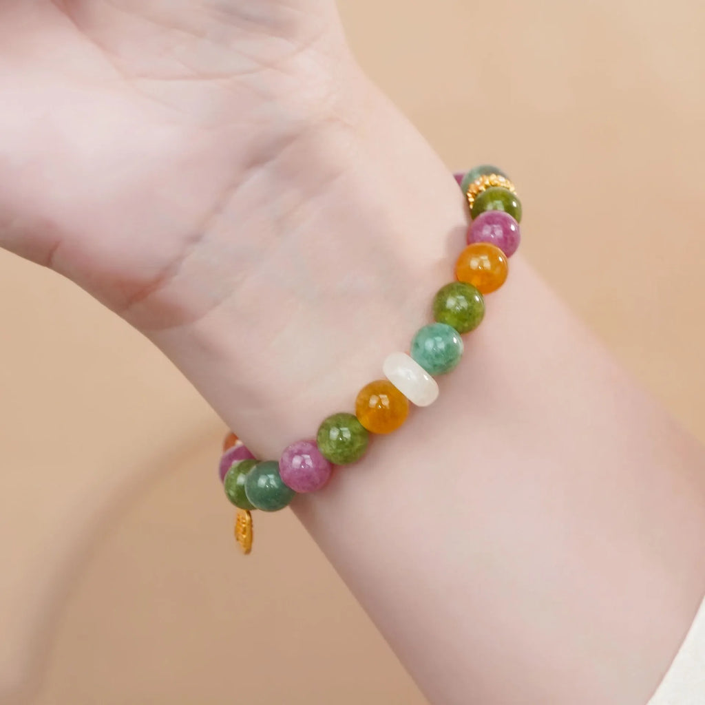 Natural rainbow colour tourmaline half bracelet for women with electroplated finish.
