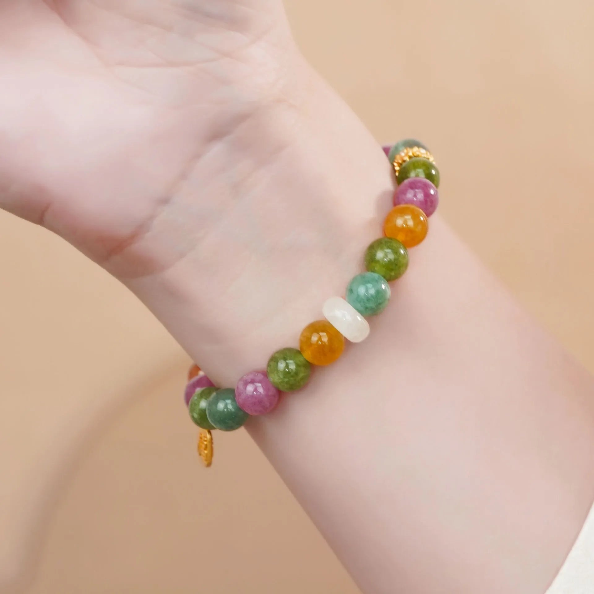 Natural rainbow colour tourmaline half bracelet for women with electroplated finish.