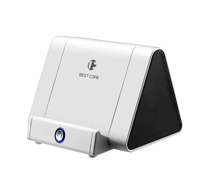 Mobile phone stand speaker in black with phone resting on stand showing speaker grille