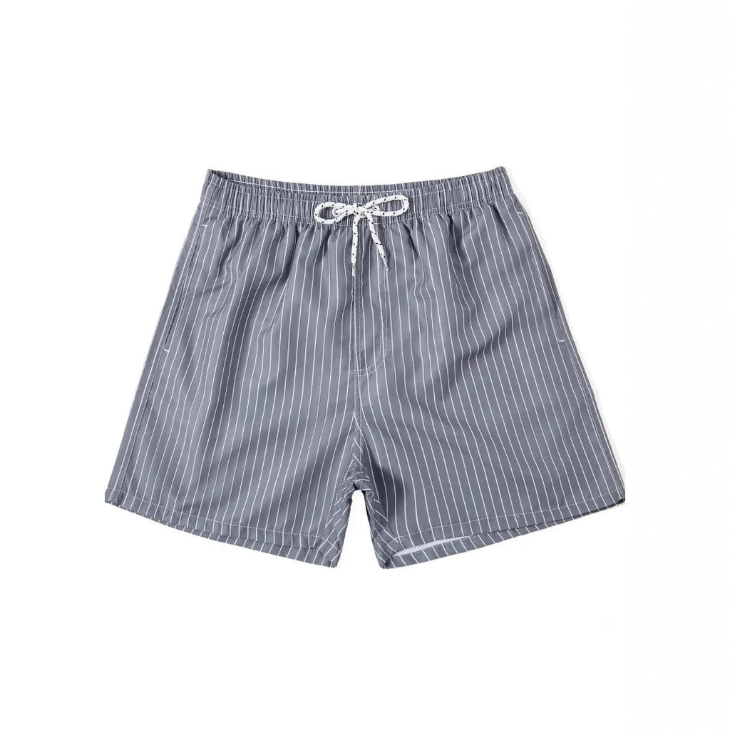 Polyester fibre striped swim shorts in navy blue, grey, khaki, or light blue with straight leg cut