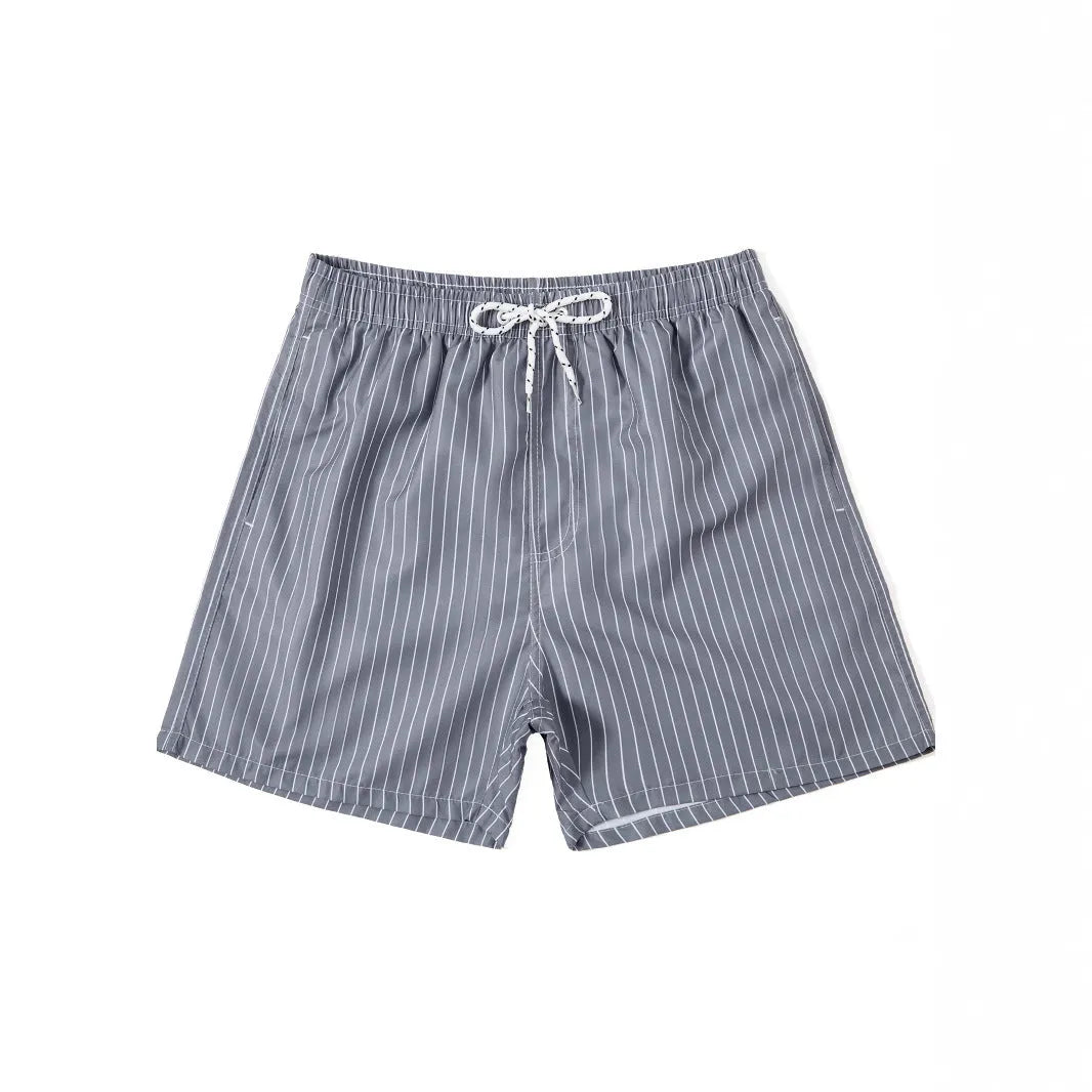 Polyester fibre striped swim shorts in navy blue, grey, khaki, or light blue with straight leg cut