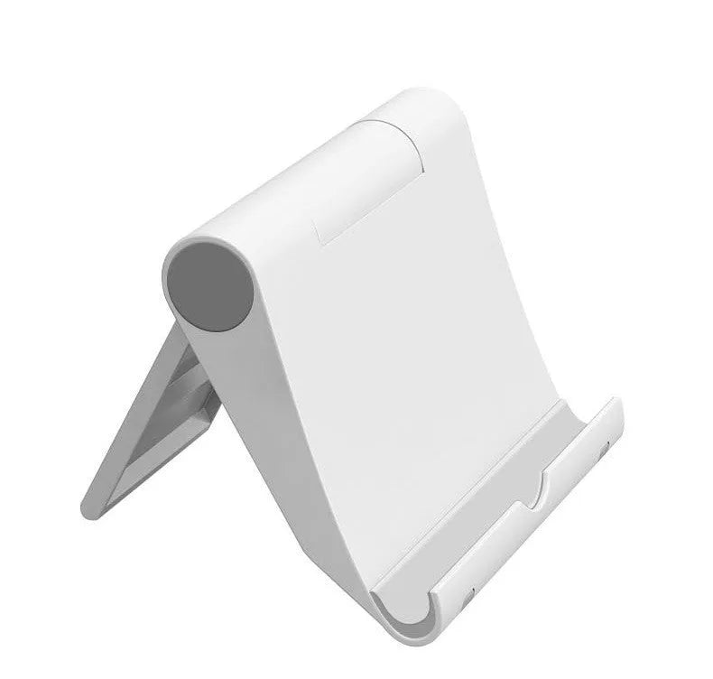 Black PE folding mobile phone stand holding a tablet at an angle on a wooden desk.