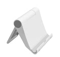Black PE folding mobile phone stand holding a tablet at an angle on a wooden desk.