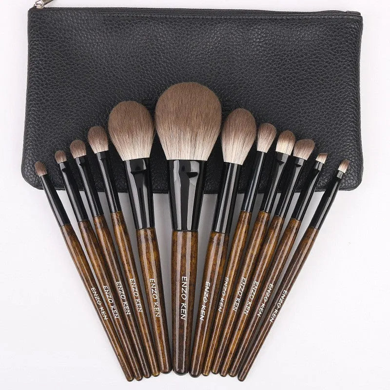 12-piece wooden handle makeup brush set with artificial fibre bristles in a portable PU storage bag