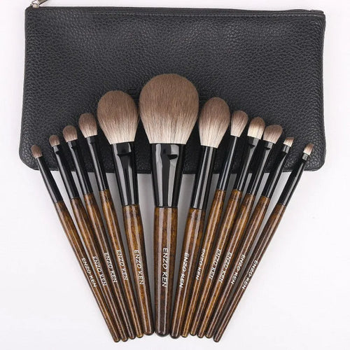 12-piece wooden handle makeup brush set with artificial fibre bristles in a portable PU storage bag