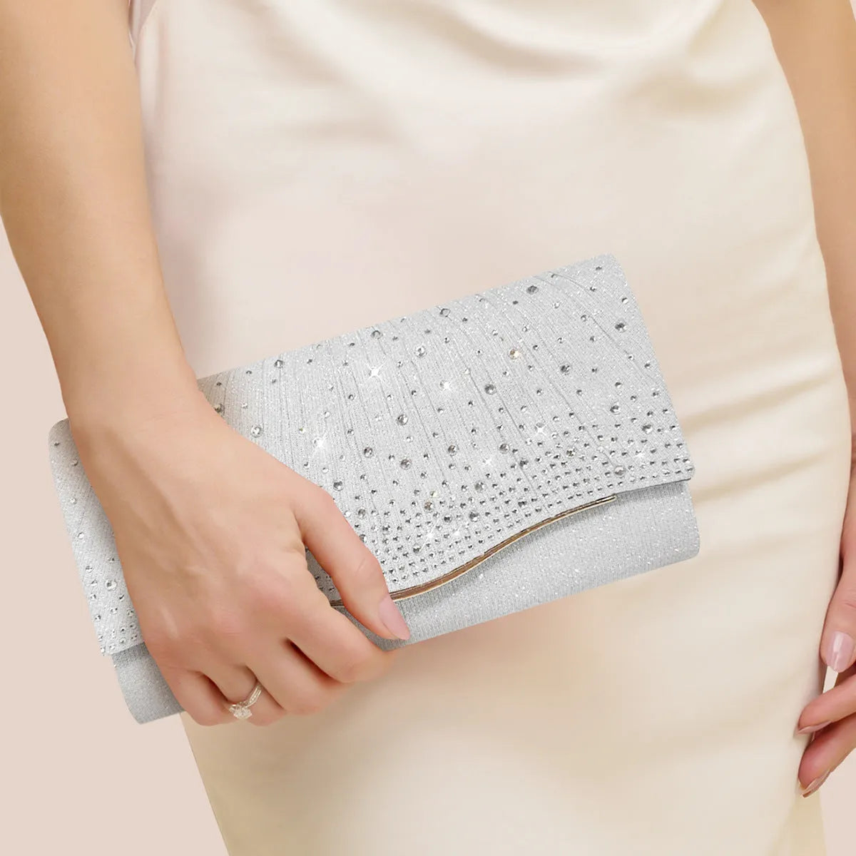 Woven fabric horizontal square dinner clutch with rhinestone diamond pattern, available in black, for women's party and daily use.