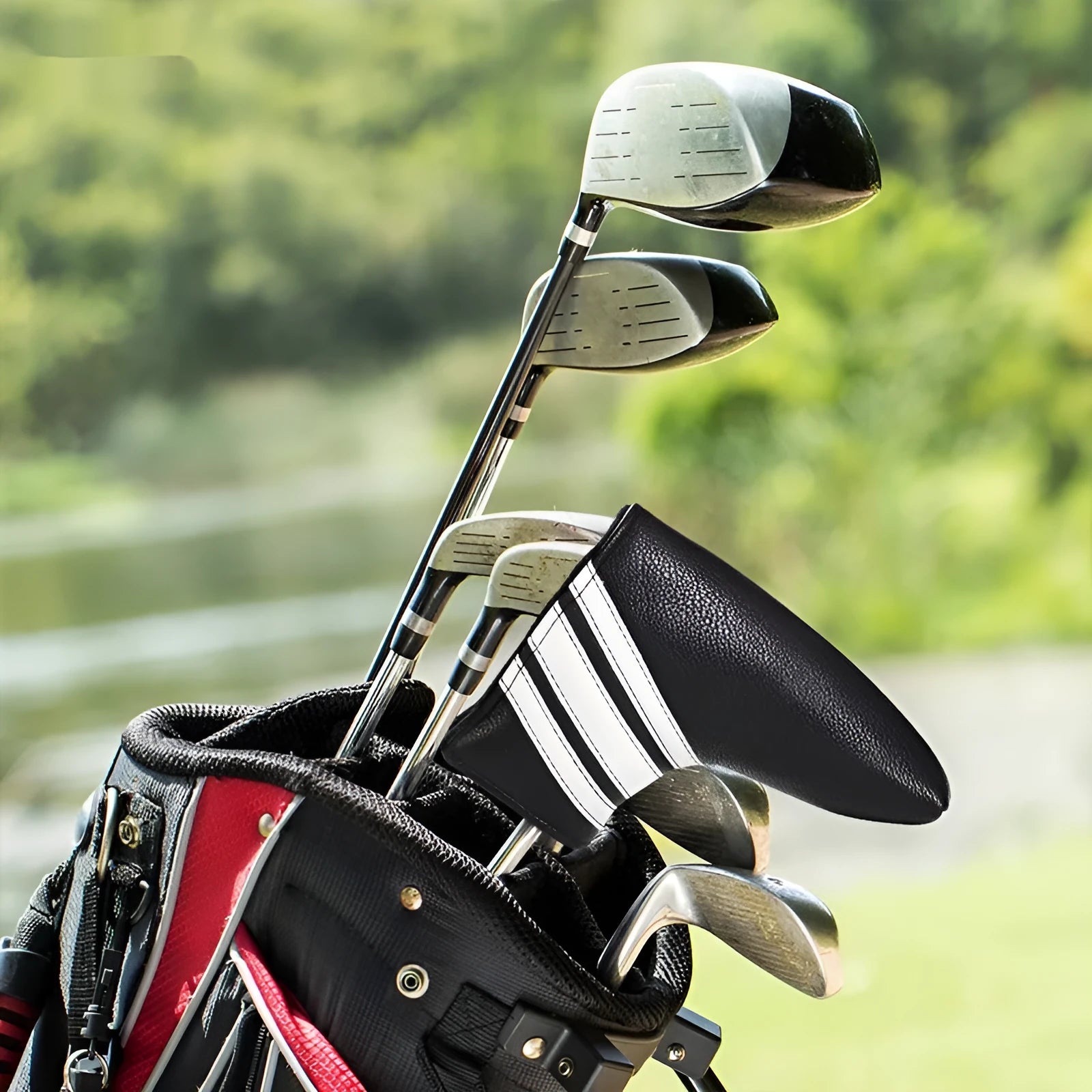 Black PU leather golf club head cover and push rod case for equipment protection
