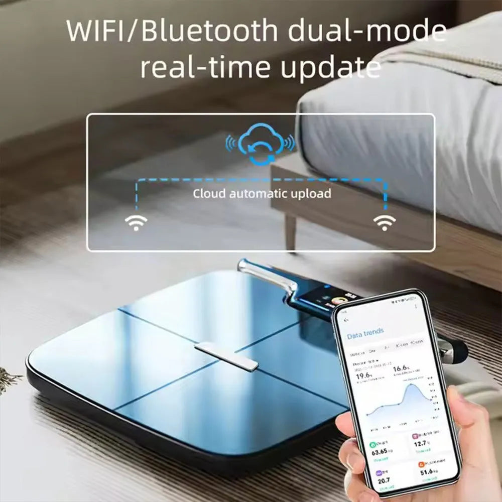Black eight-electrode intelligent body fat weighing scale on a floor.