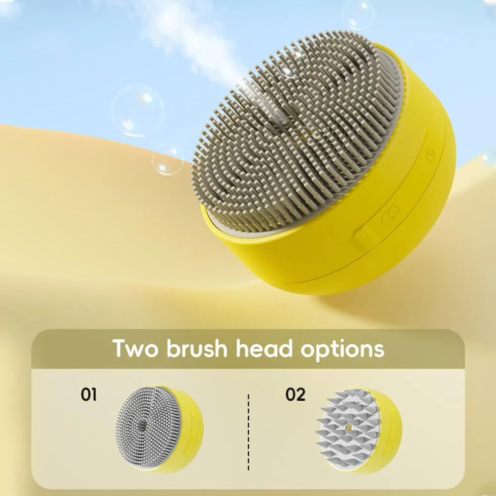 Green rechargeable cat steam brush with silicone bristles for grooming and massage next to a yellow version.