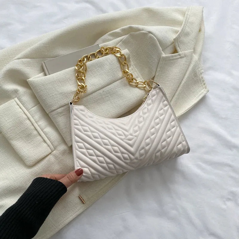 PU leather pleated chain baguette shoulder bag in vertical square shape with soft surface texture