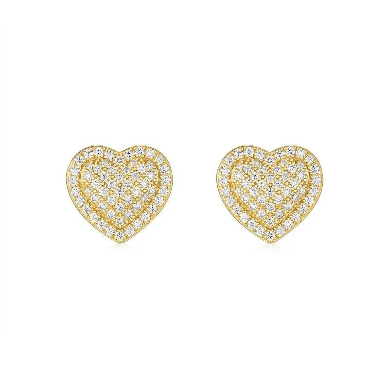 A pair of gold-coloured S925 sterling silver heart stud earrings with moissanite stones.
