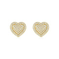 A pair of gold-coloured S925 sterling silver heart stud earrings with moissanite stones.