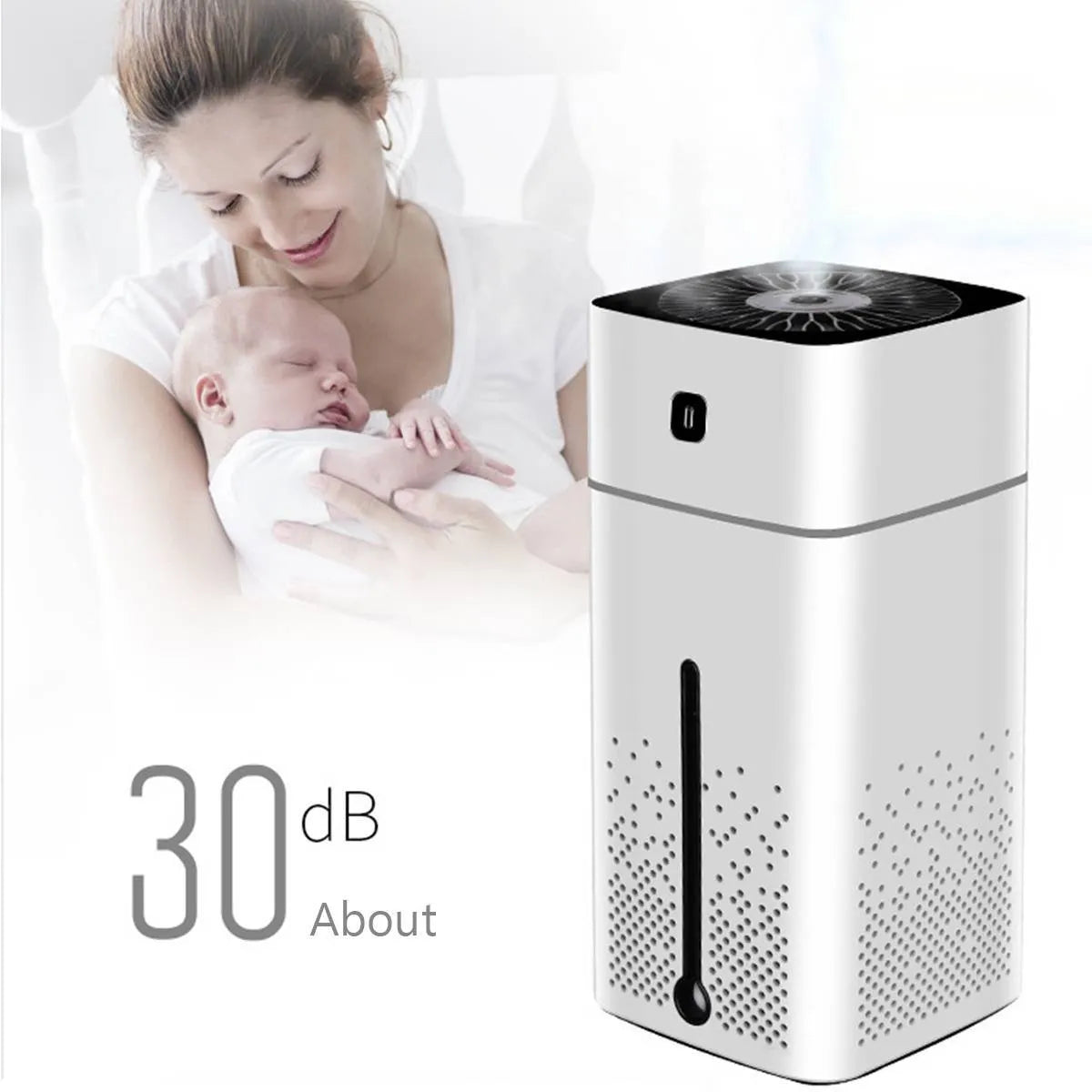 Black and white USB desktop humidifier measuring 103x103x218mm with 1000ml capacity