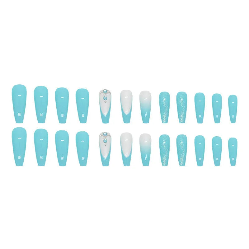 Long ballet false nails with blue diamond glitter debris effect