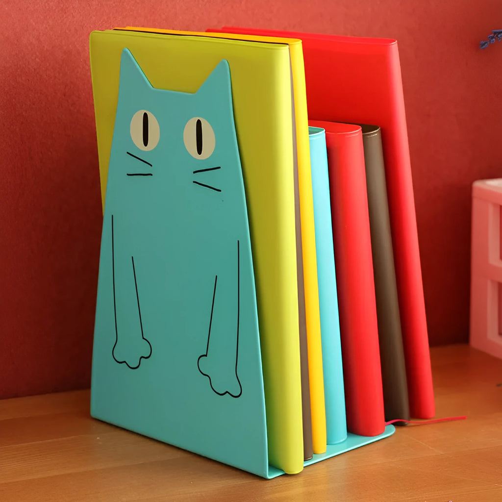 Pair of iron bookends in blue and yellow, each 14 x 20.5 x 10.5cm, on a bookshelf