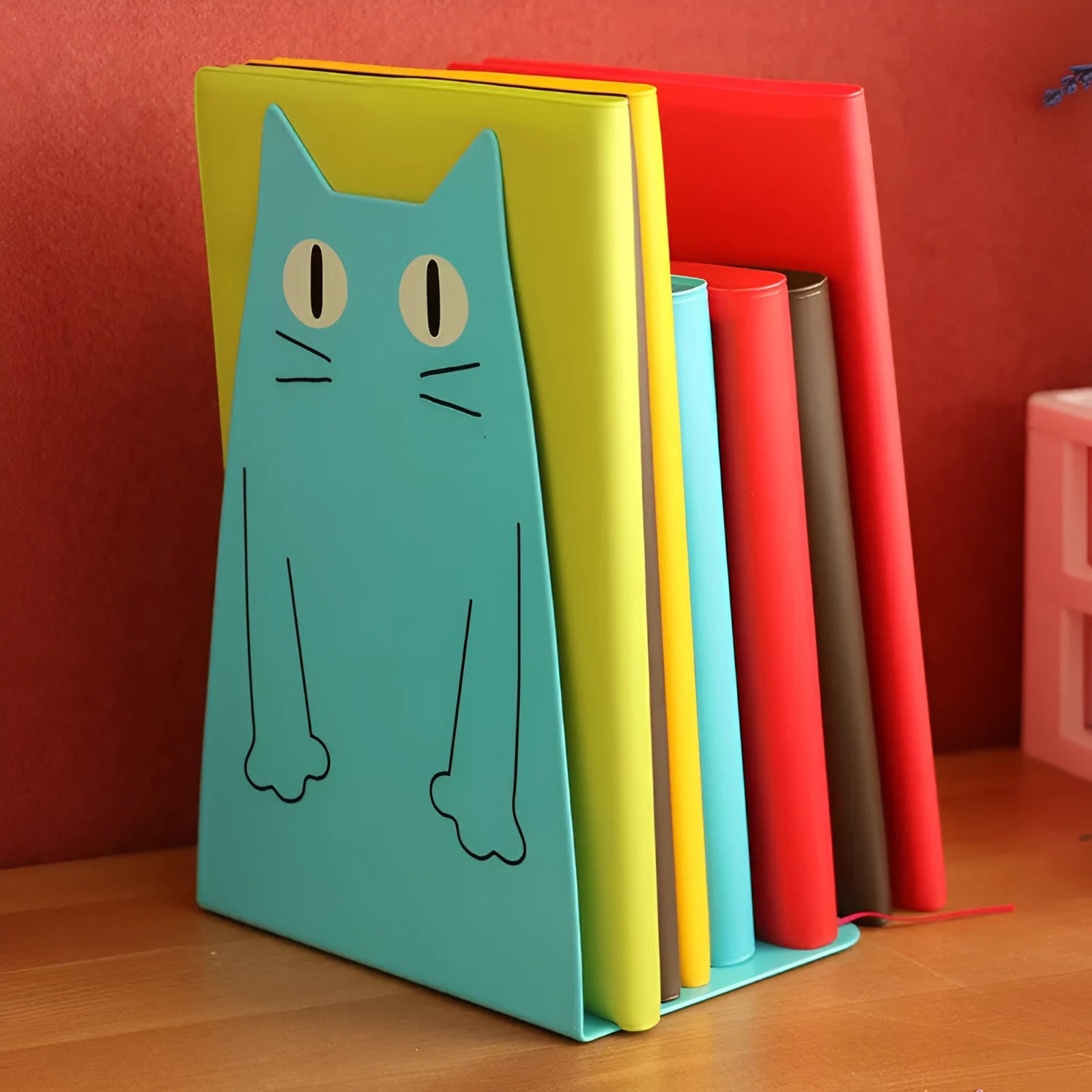 Pair of iron bookends in blue and yellow, each 14 x 20.5 x 10.5cm, on a bookshelf