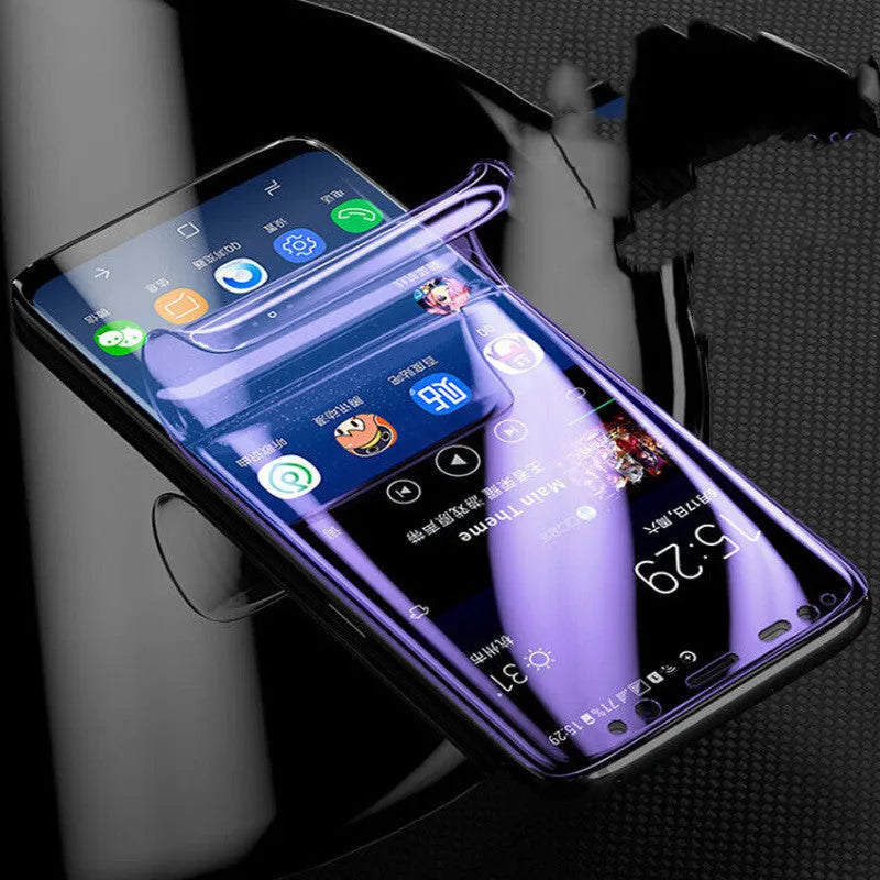 Curved hydraulic film screen protector for Samsung Galaxy S8 S9 S10 phones in clear and purple options