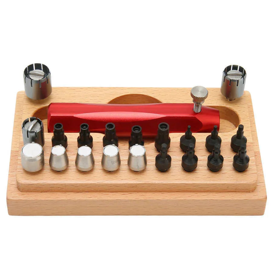 20-piece steel watch repair tool set with open tube tool in a black storage case.