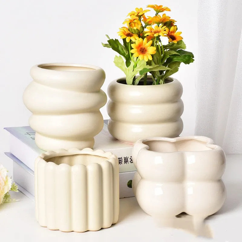 Roman column matte yellow ceramic flower pot for indoor plants.
