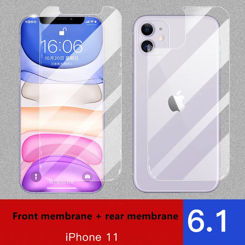 Tempered glass screen and rear protector films for Apple iPhone 11, X, and XS models.