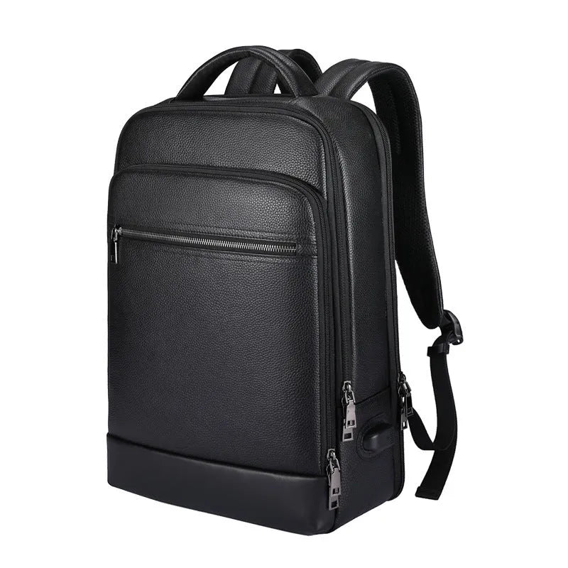 Black genuine leather men's business computer backpack with curved shoulder straps