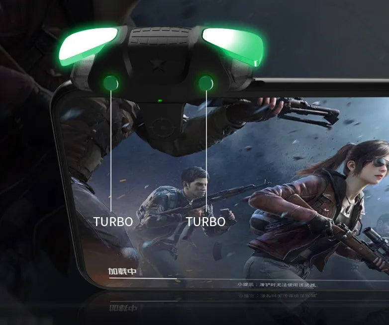 Black F5 mobile phone game controller showing compact handheld design.