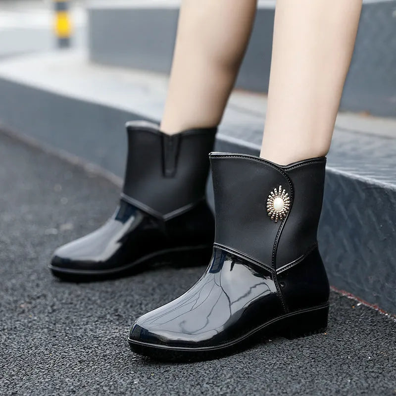 Women's PVC rain boots in beige colour with low tube design and non-slip soles
