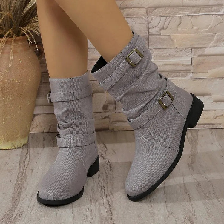 Women's square heel round toe denim leather boots in brown, mid heel 3-5cm, high cylinder, rubber sole