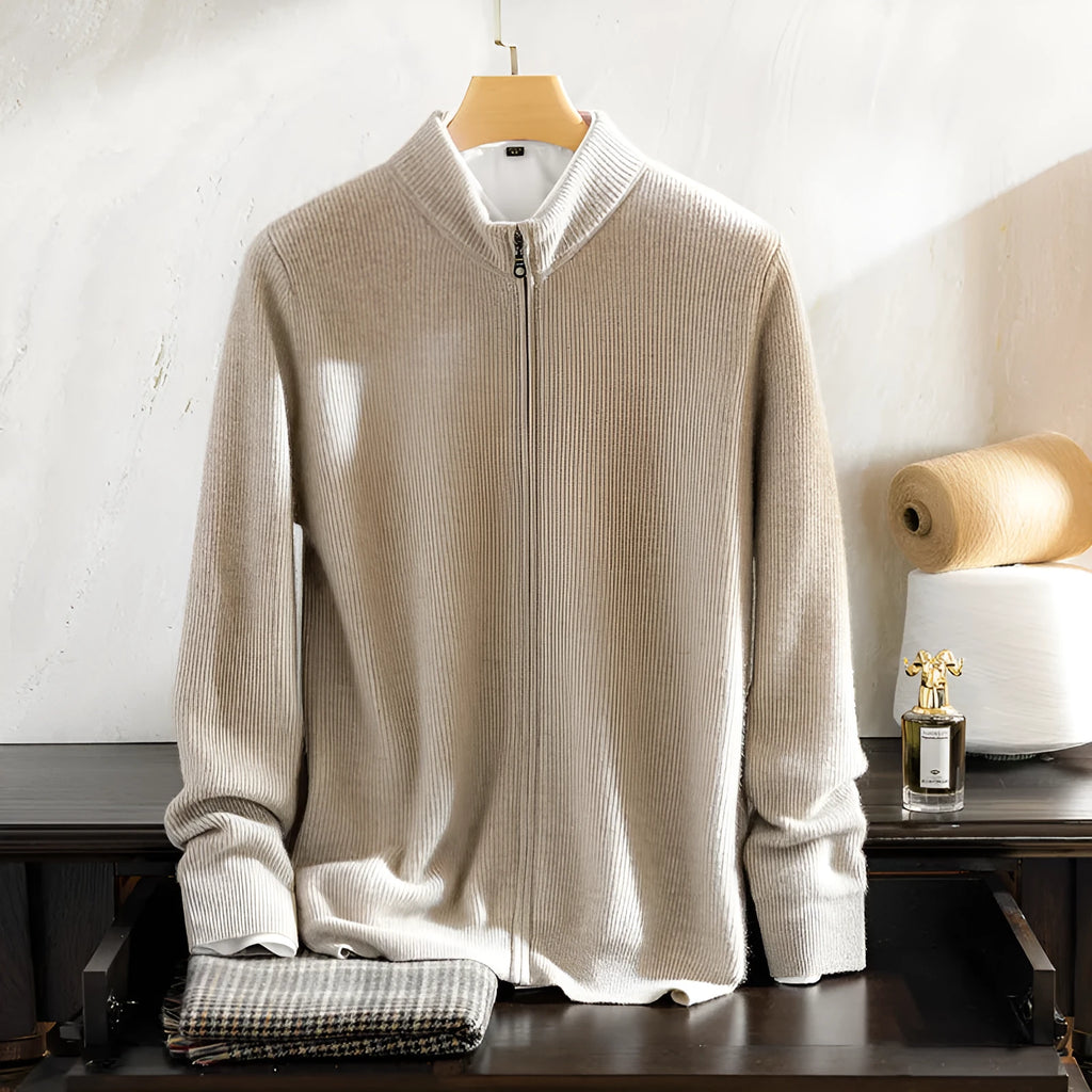 Men's cashmere zip front round neck cardigan sweater in camel colour