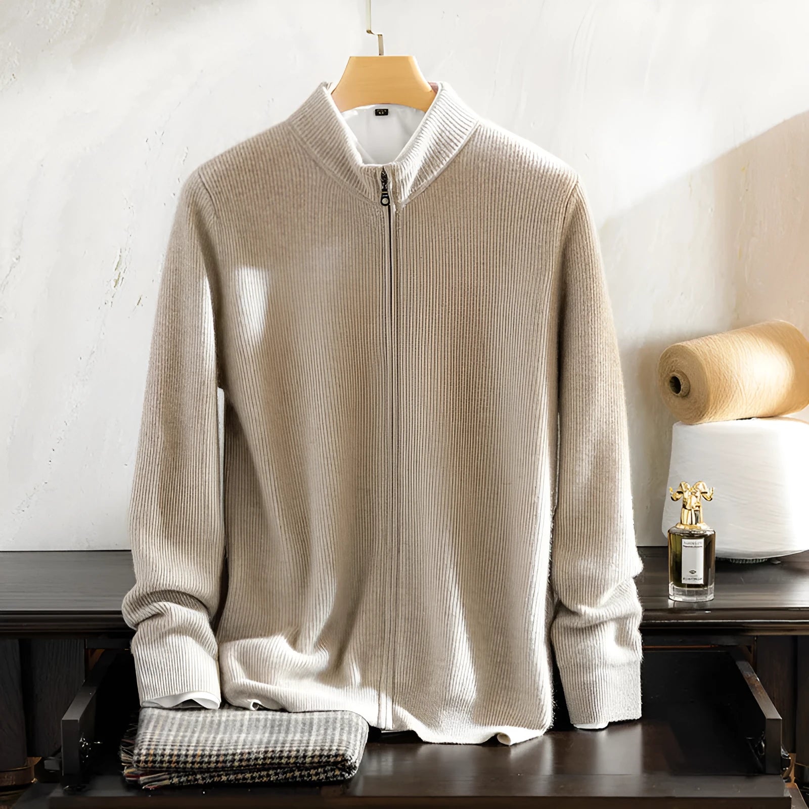 Men's cashmere zip front round neck cardigan sweater in camel colour