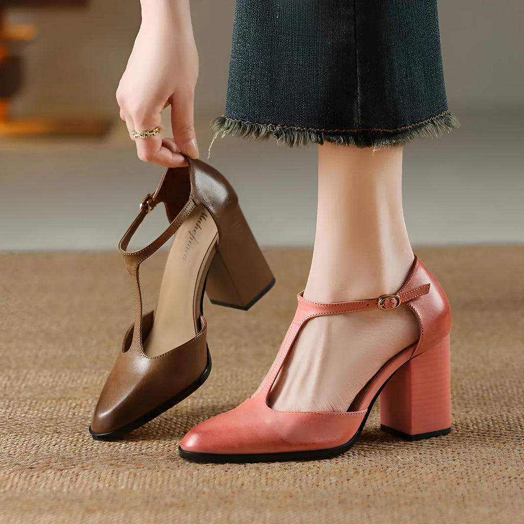 Women's dark brown retro Mary Jane shoes with pointed toe, buckle fastening and hollow design