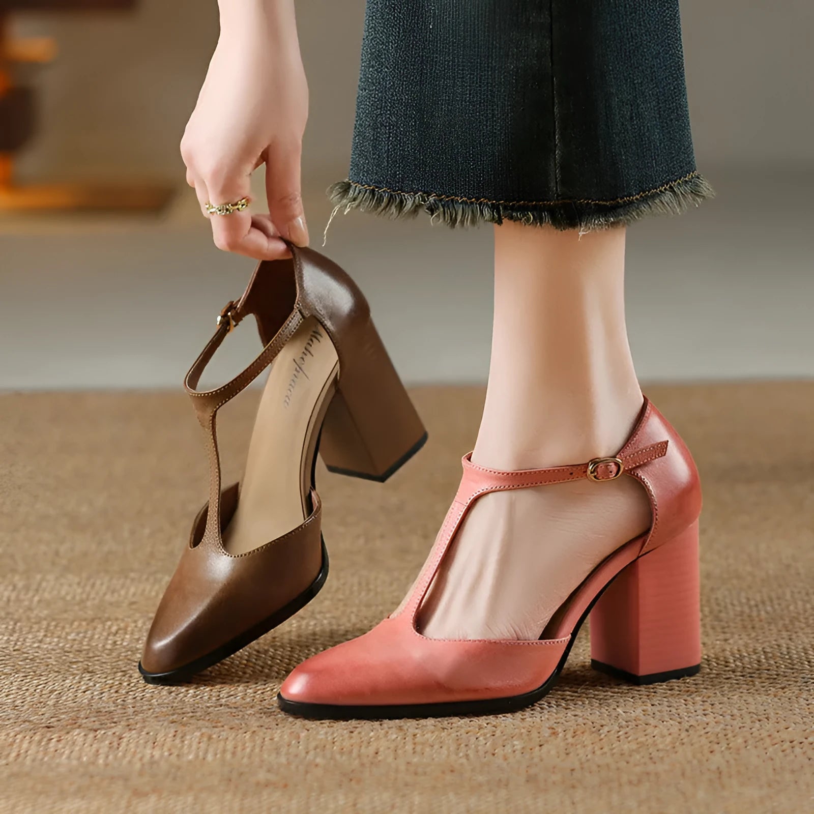 Women's dark brown retro Mary Jane shoes with pointed toe, buckle fastening and hollow design