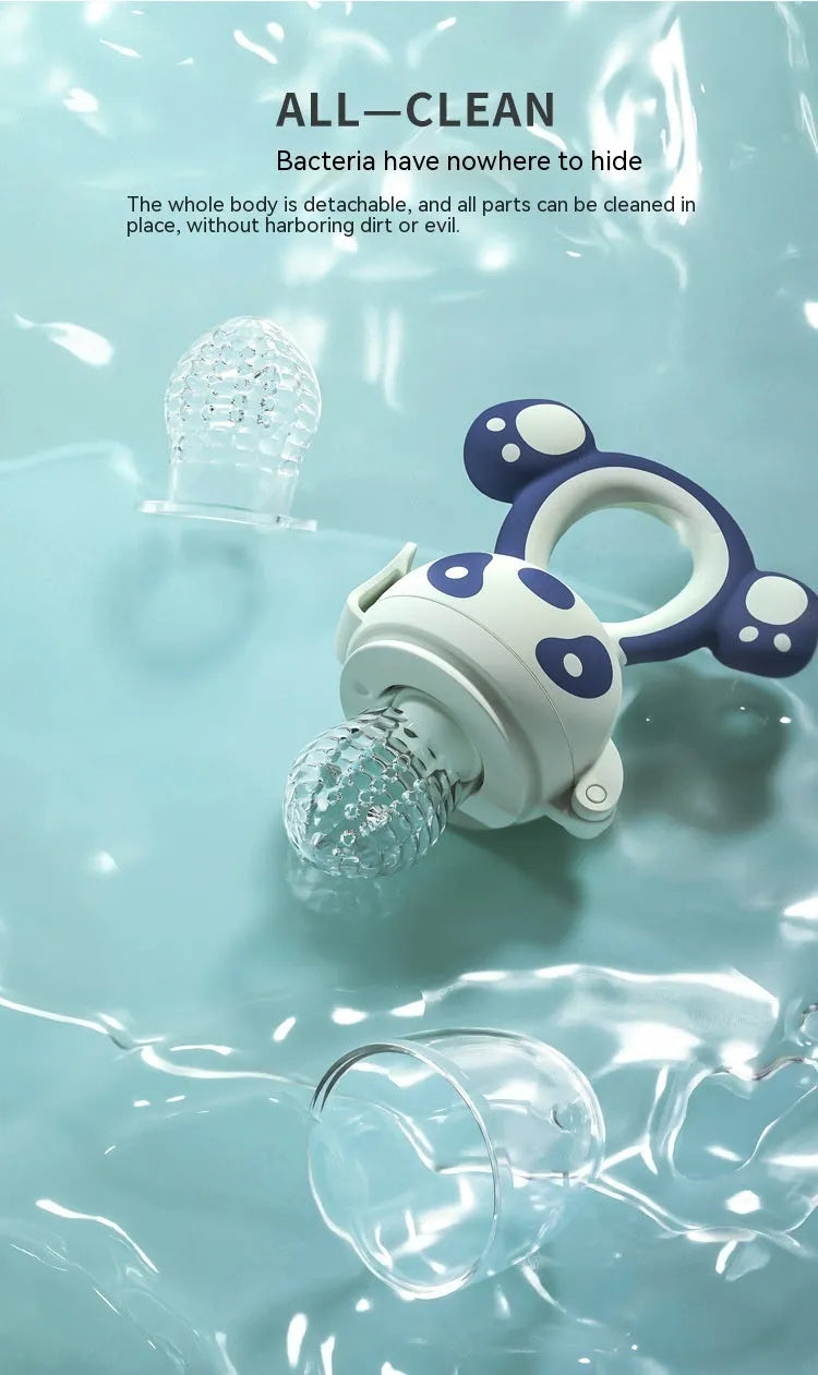 Transparent edible silicone baby teether fruit feeder with hand guard in red or blue for infants over 6 months