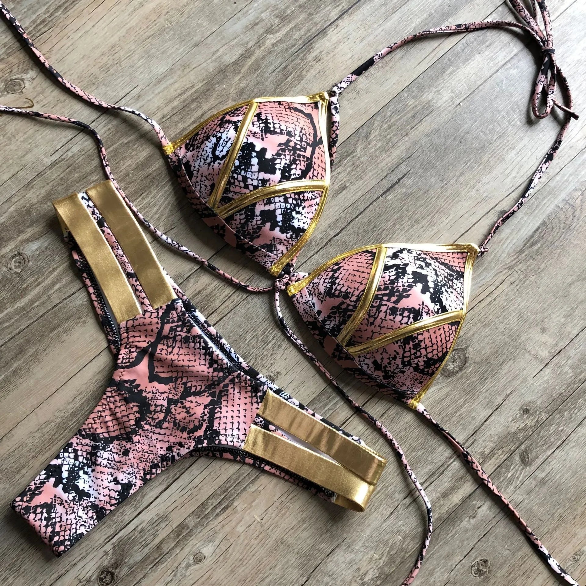 Women's bronzing bikini set with adjustable ties and chest pads in a selection of colours.