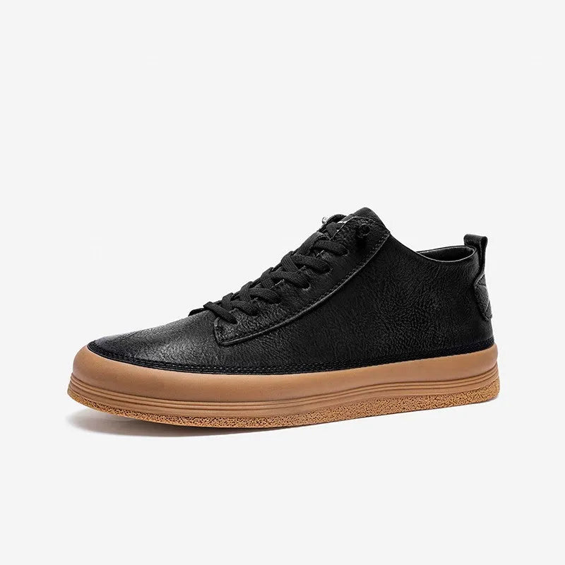Men's black casual leather shoes with round toe and lace-up closure on white background