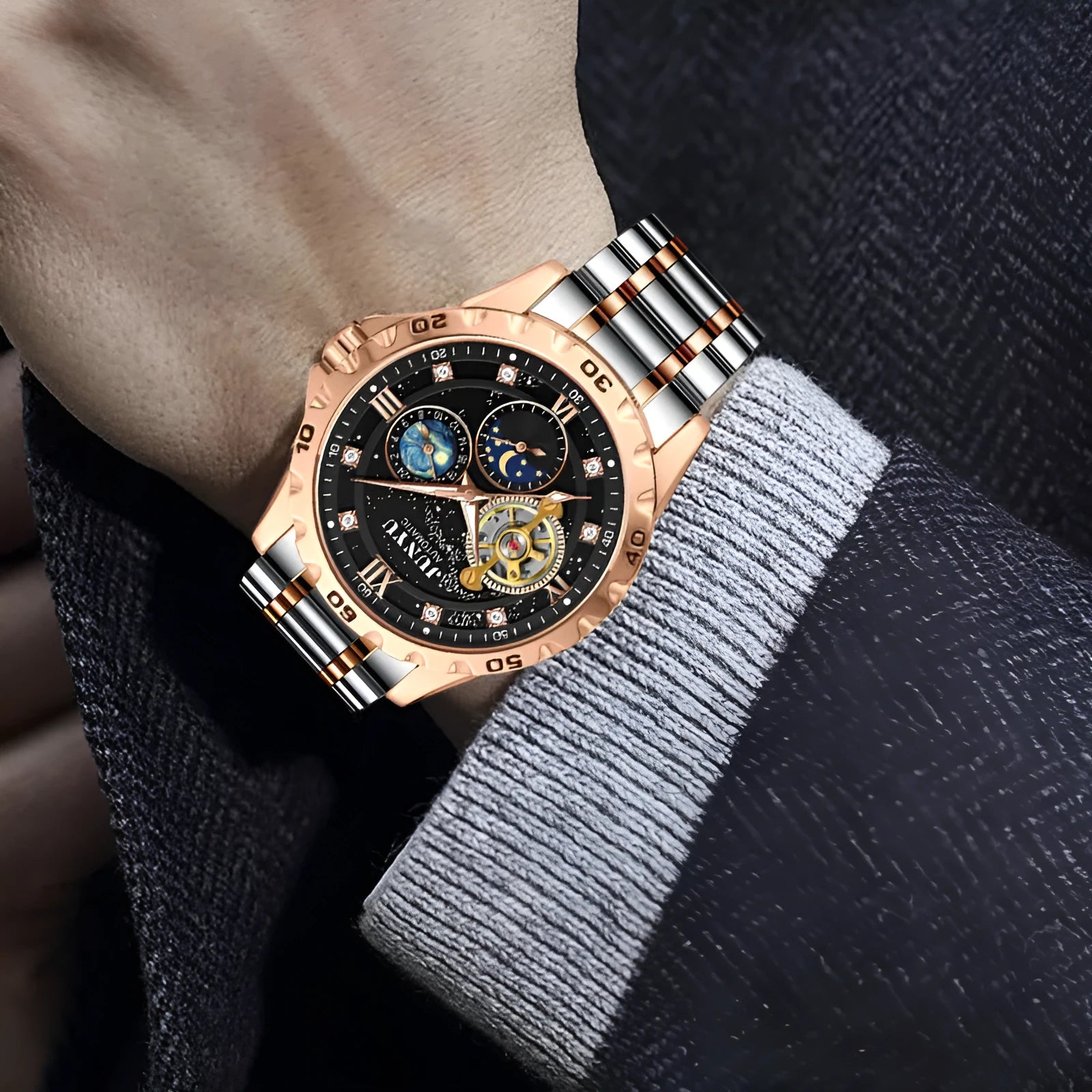 Men's automatic mechanical watch with luminous hands on a wrist, showing rose gold case and black starry sky dial option.