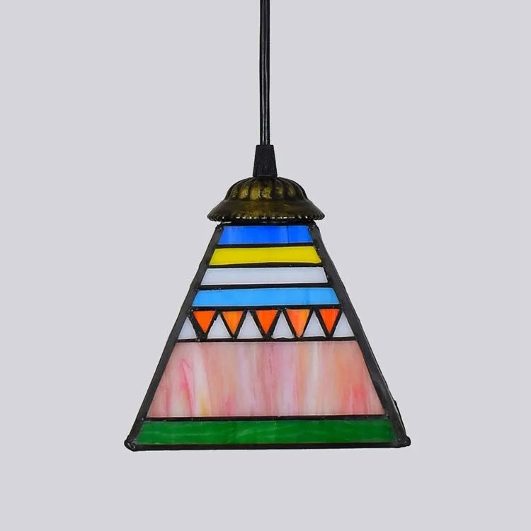Art stained glass droplight pendant with coloured glass lampshade and iron ceiling plate