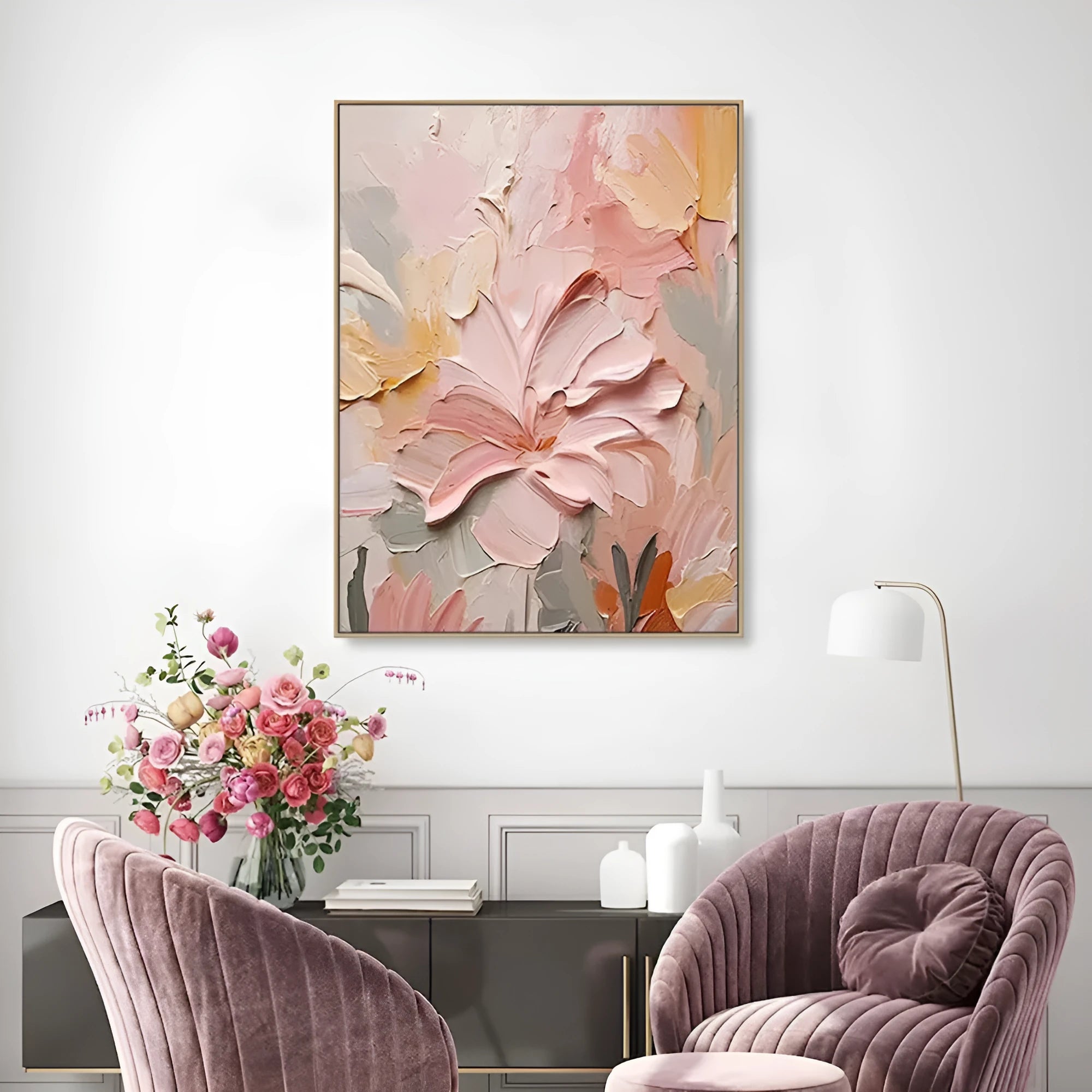 Handmade oil painting canvas wall art with thick 3D texture flowers modern abstract vertical shape multiple sizes