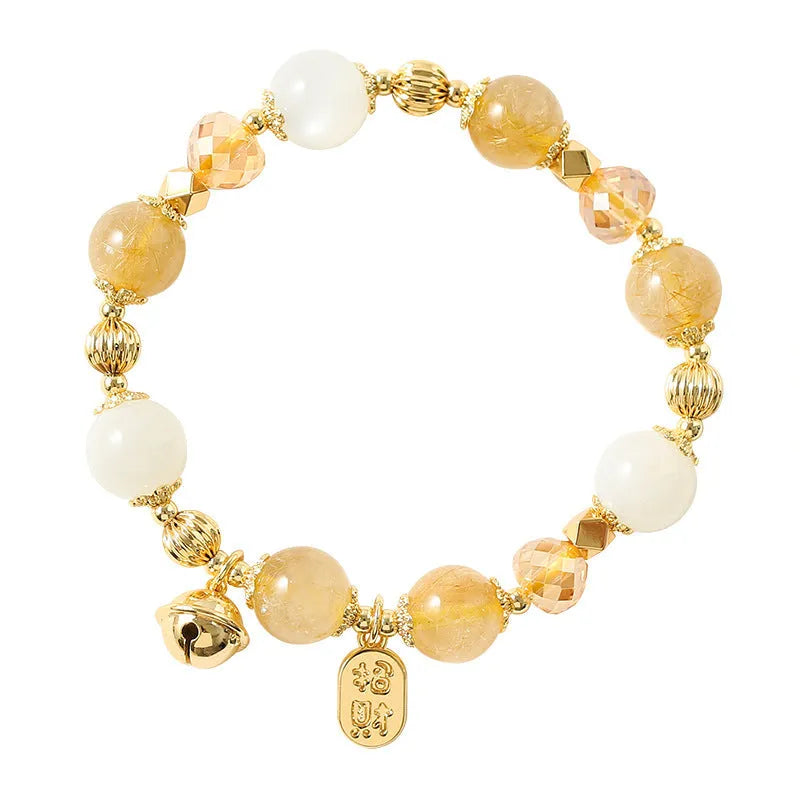 Lucky Fortune gold coloured Korean style bracelet with a single rutilated quartz crystal bead.