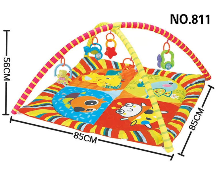 Velvet baby play mat with interactive toys in small animal or big animal design for crawling and games.