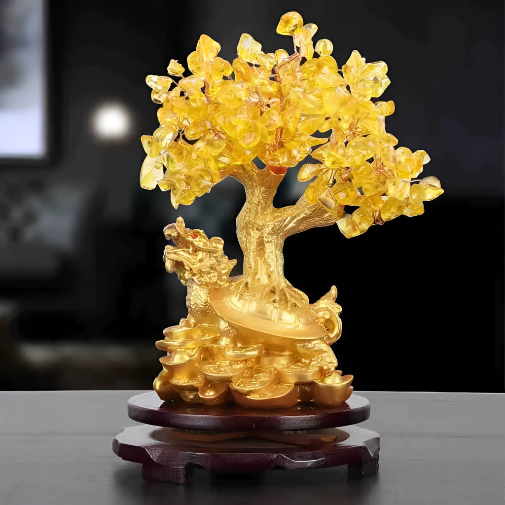 Citrine-coloured resin turtle money tree feng shui ornament measuring 23cm tall